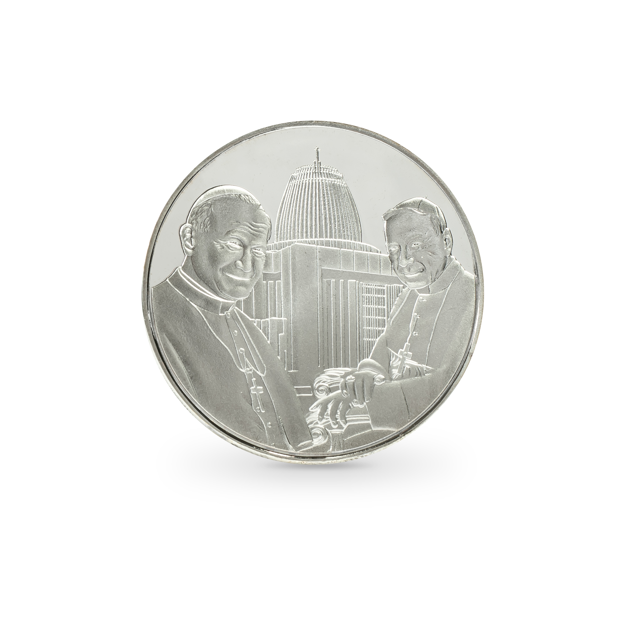 Srebrny medal w ramce z wizerunkami św. Jana Pawła II i bł. Stefana Wyszyńskiego - pamiątka otwarcia Świątyni Opatrzności Bożej - obrazek 3