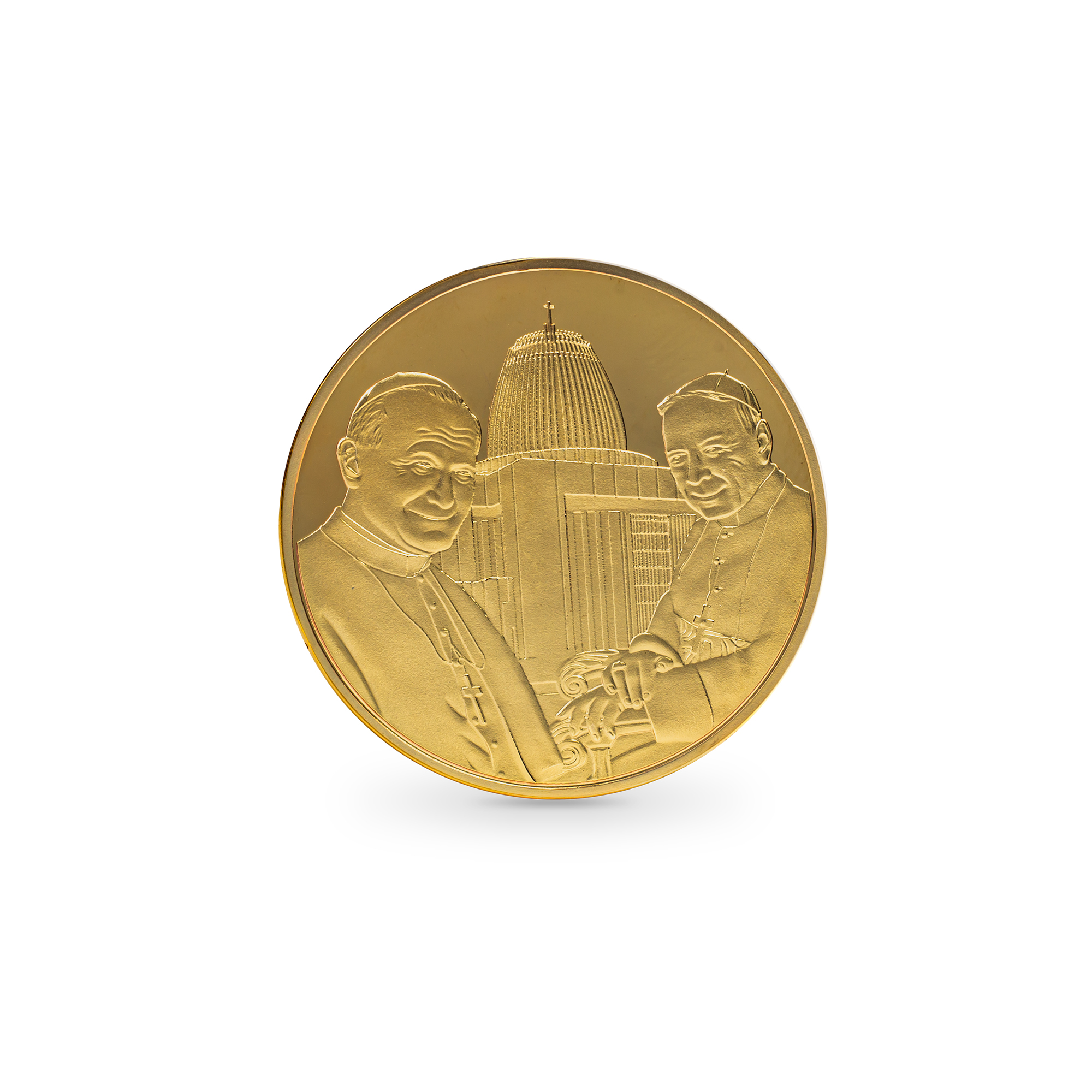 Złoty medal w ramce z wizerunkami św. Jana Pawła II i bł. Stefana Wyszyńskiego - pamiątka otwarcia Świątyni Opatrzności Bożej - obrazek 3