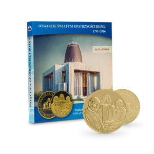 Złoty medal w okładce z wizerunkami św. Jana Pawła II i bł. Stefana Wyszyńskiego okazji otwarcia Świątyni Opatrzności Bożej