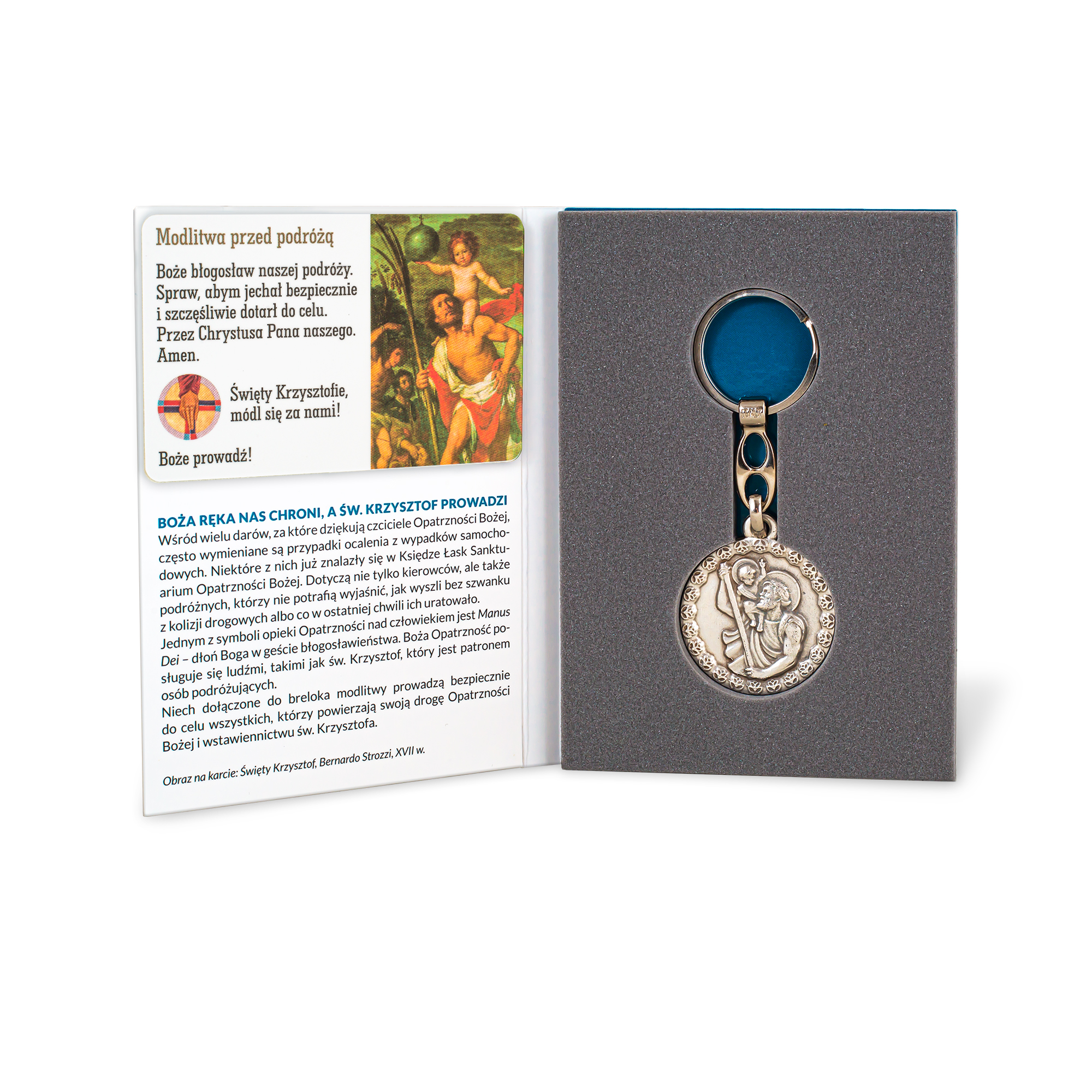 Brelok ze św. Krzysztofem i Manus Dei w etui