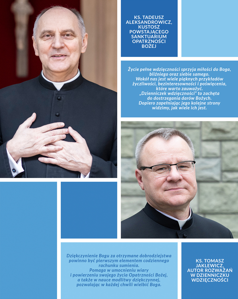 Grafika z cytatami o wdzięczności ks. Tadeusza Aleksandrowicza i ks. Tomasza Jaklewicza z ich zdjęciami